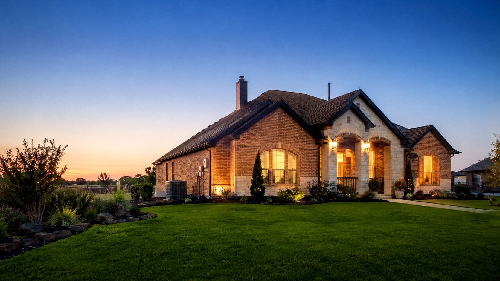 A brick Texas home at dusk with warm lit windows and a manicured lawn